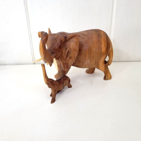 Mother and Baby Elephant Wood Sculpture Handmade in Kenya - Picture 2 of 7